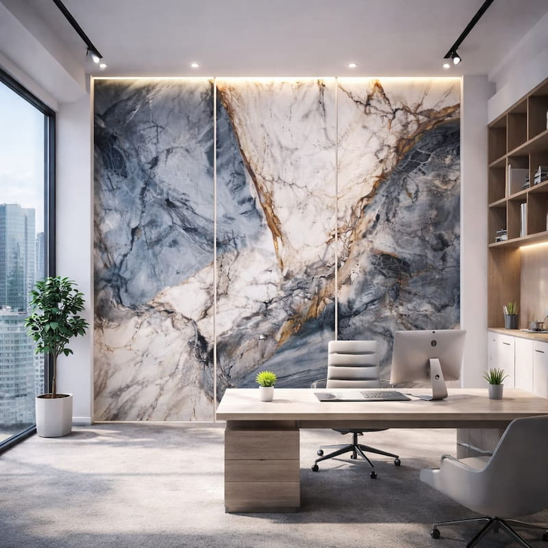 Ingresso con pannello effetto marmo bianco, grigio e dettagli oro